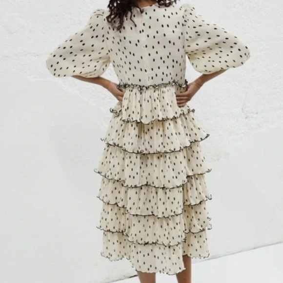 GANNI Lowell Tiered Polka Dot Plisse Beige & Black Midi Dress conservative pleat